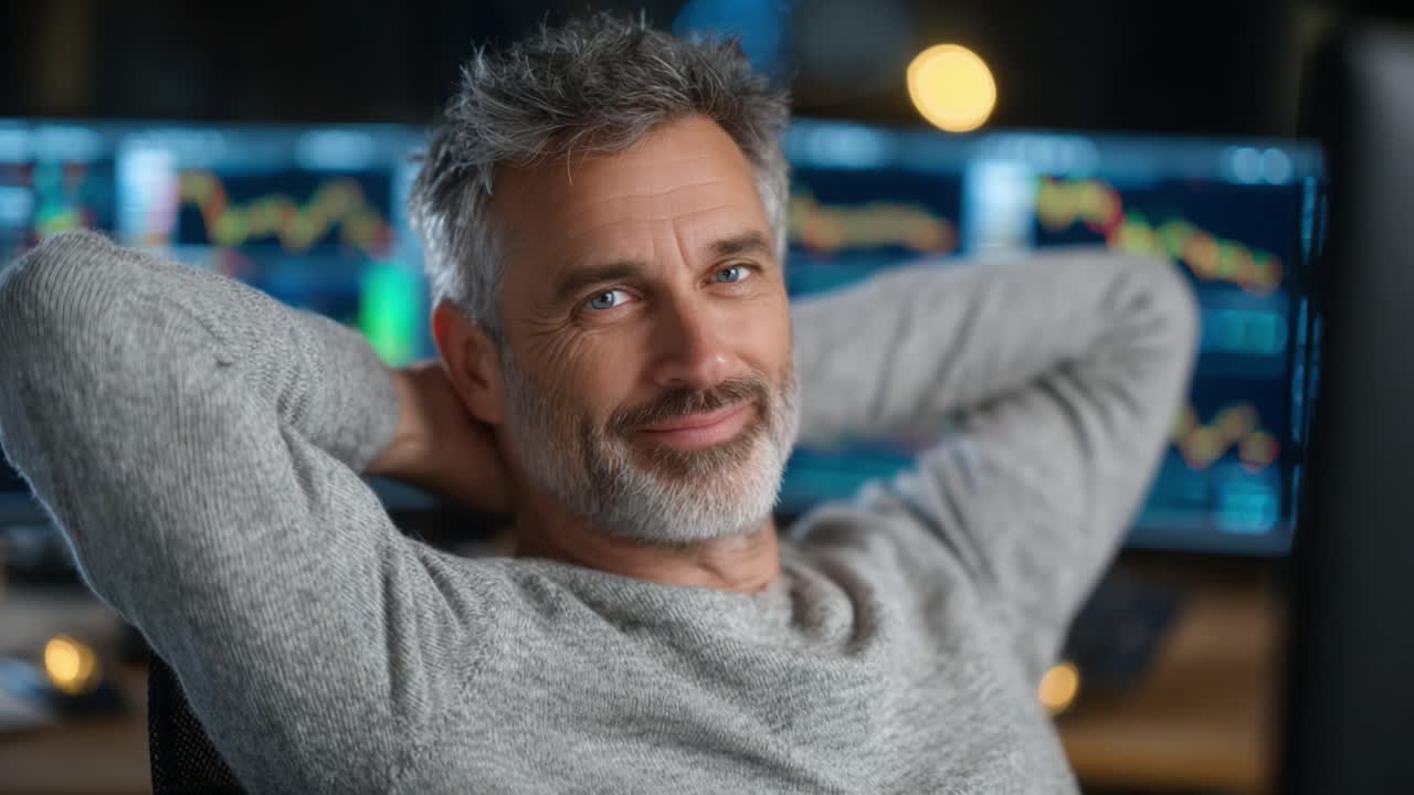 A Relaxed Man with Grey Hair Smiles at the Camera While Sitting in Front of Multiple Monitors Displaying Financial Data or Stock Market Trends