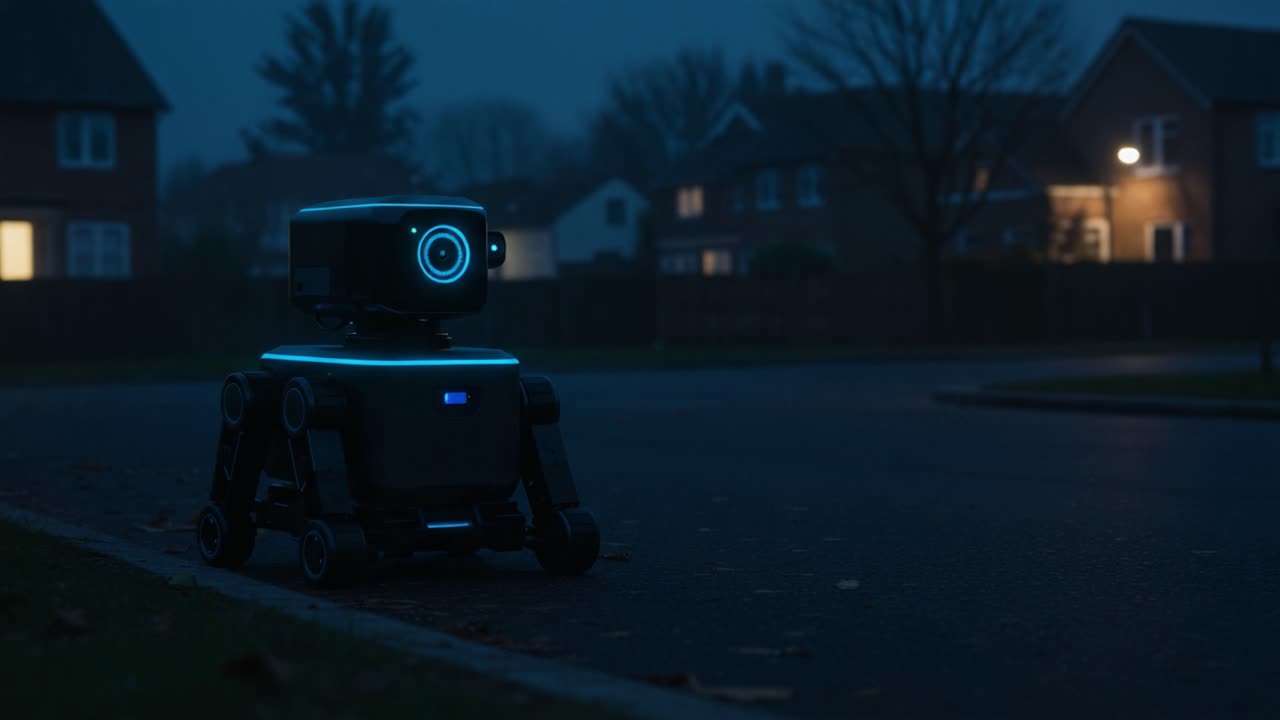 A Futuristic Robot Navigating a Quiet Suburban Street at Dusk, Illuminated by Soft Blue Lights Creating a Mysterious and Cutting-edge Atmosphere