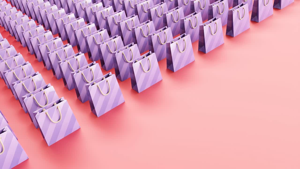분홍색 배경에 스크롤되는 보라색 쇼핑백 세트의 3d 모션 그래픽 일러스트레이션