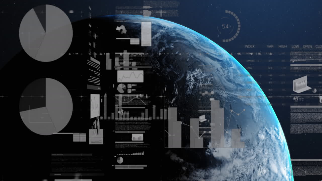 Animation of interface with statistical data processing over globe against blue background