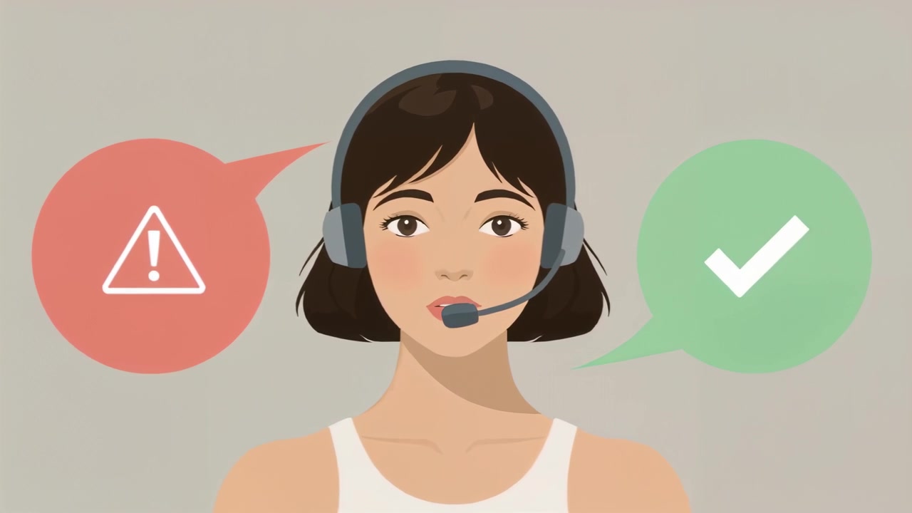 Starting agent speaking, showing red-alert and green-check on beige wall, headset white-sleeveless