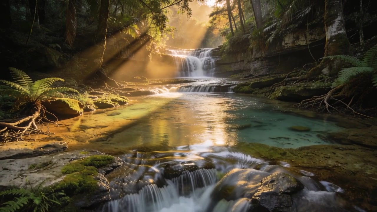 Cachoeira em camadas fluindo, refletindo raios de sol em movimento em um desfiladeiro florestal sombrio, com espuma avançando.