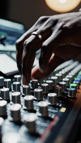 audio engineer adjusting mixing console