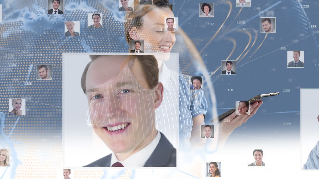 анимация кавказской женщины с помощью 3d-интерактивного планшета, с вращающимся глобусом и изображением людей