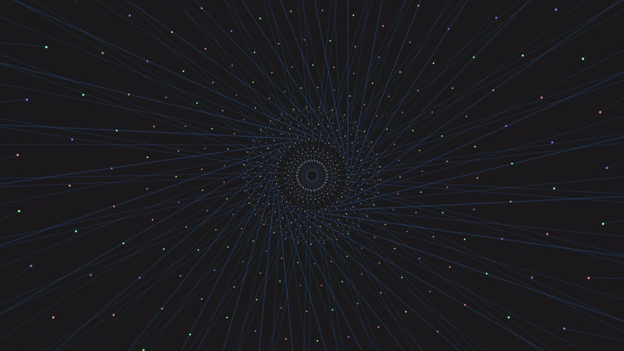 Neon connected dots and lines in circles on dark space