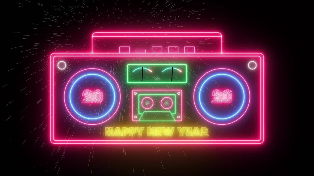 feliz año nuevo 2020. radio de neón estéreo retro, animada sobre un fondo de fuegos artificiales negros.