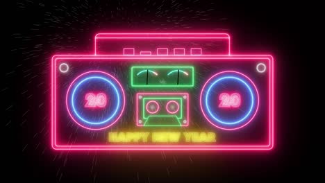 2020년 새해 축하 스테레오 레트로 네온 라디오, 검은 불꽃을 배경으로 애니메이션