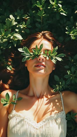 woman in nature, surrounded by leaves