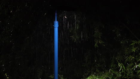summertime torrential rain pours down past light cast from a blue lamp post surrounded by green foliage at night as insects dance around the light source