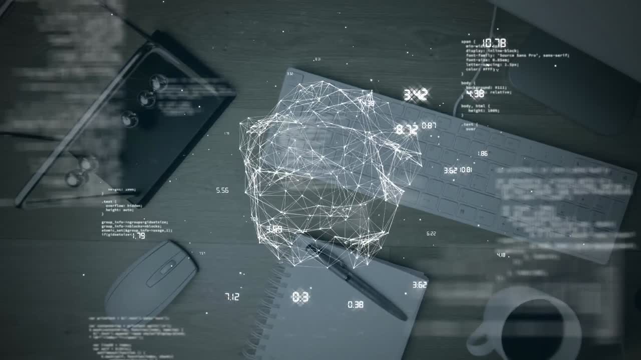 접속 네트워크의 지구의 애니메이션과 책상 위의 데이터 처리