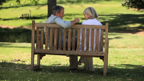anciano hablando con su esposa en un banco