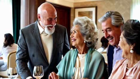 elegant senior friends socializing at dinner party