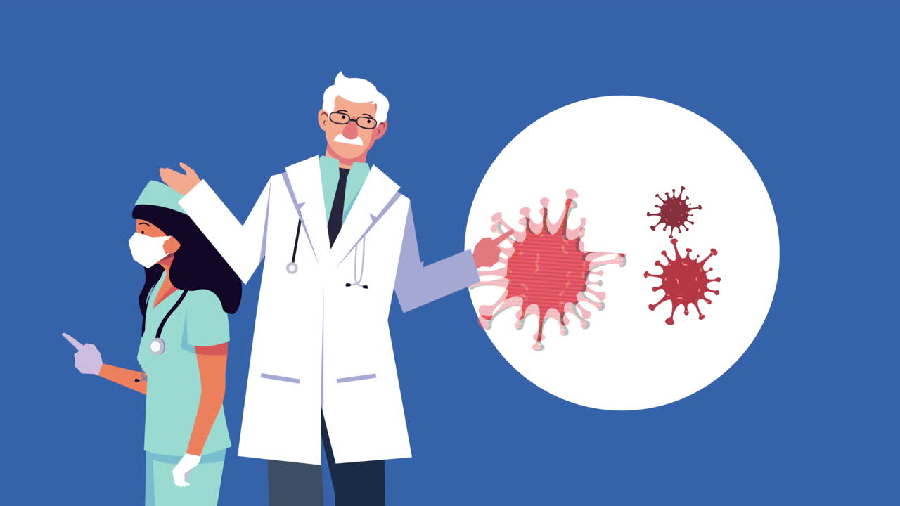 профессионалы врачи пара с ковид-19 частицы анимация