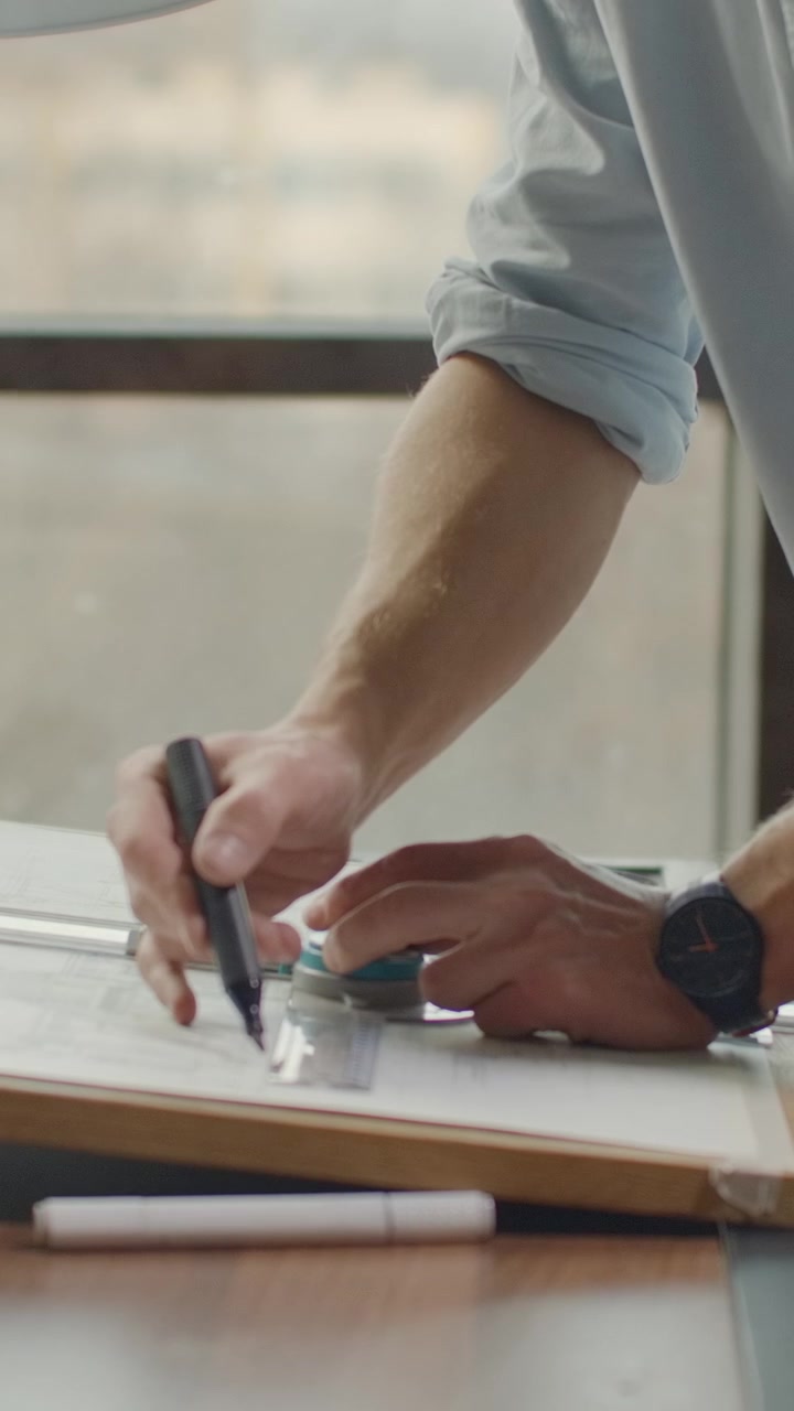 Architect Drawing Technical Blueprints on Drafting Table