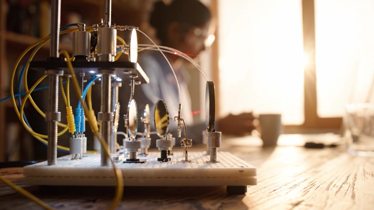 An innovative scientific setup: a laboratory experiment showcasing a complex apparatus with precise instruments and a focused researcher engaged in analysis.