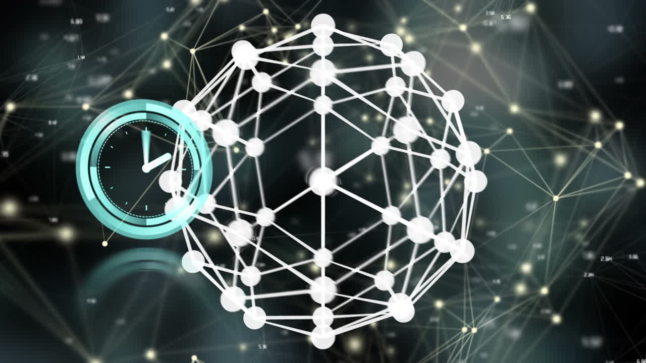 연결과 함께 검은 바탕에 움직이는 시계와 회전하는 구의 애니메이션