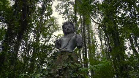 holy buddhist place surrounded by calm atmosphere, jungle and trees, bodhisattva buddha statue