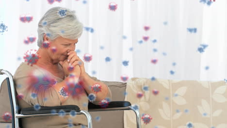animation of macro coronavirus covid-19 cells spreading over senior caucasian woman rubbing hands