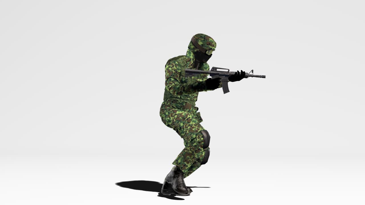 Soldier in camouflage walks with a weapon at the ready white background. Alpha Channel. 3d Animation.