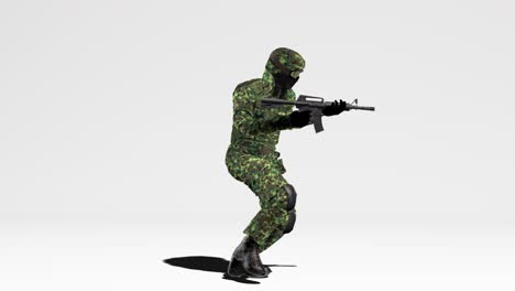 soldado en camuflaje camina con un arma en el fondo blanco listo. canal alfa. animación 3d.