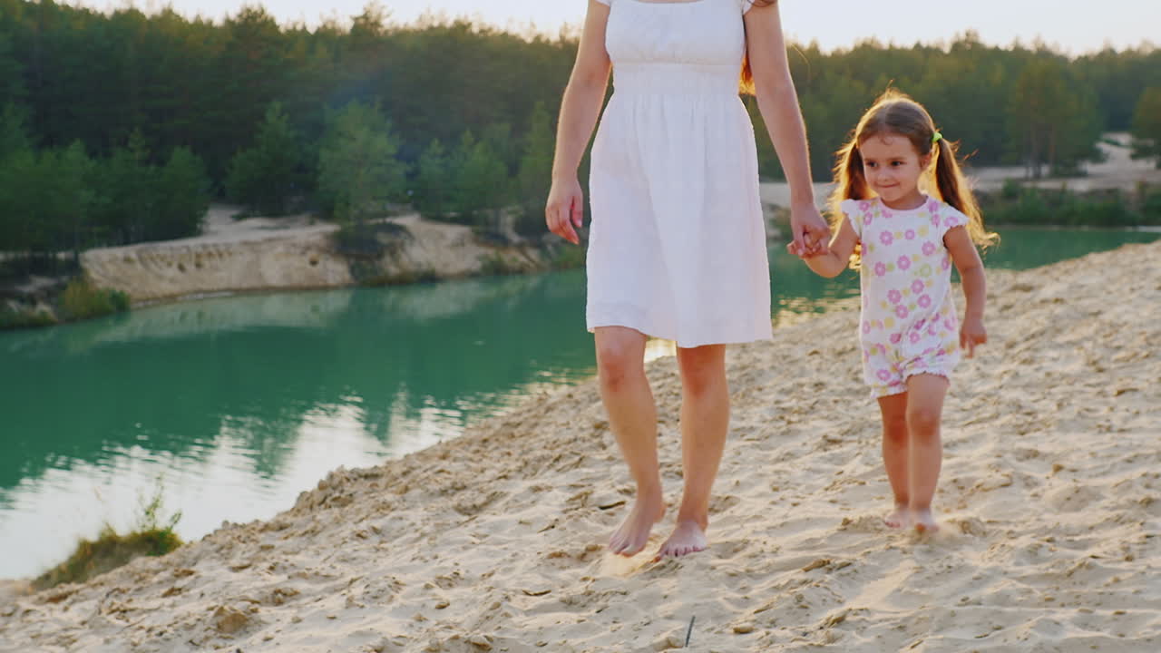 Mother And Daughter Walking On The Beach At The Beautiful Lake With Azure Water My Mother Is A Girl'