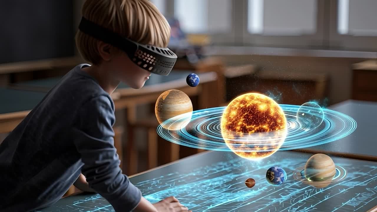 Chlapec prozkoumává sluneční soustavu s virtuální realitou ve třídě.