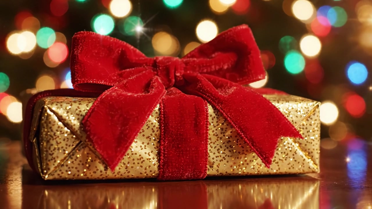 Un regalo dorato splendidamente incartato con un nastro rosso, che cattura lo spirito festivo su uno sfondo colorato di luci natalizie