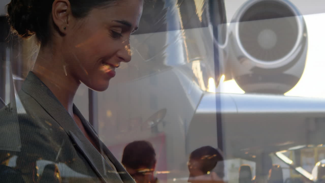 I lufthavnsterminal, forretningskvinde smiler med flyrefleksion på vinduet