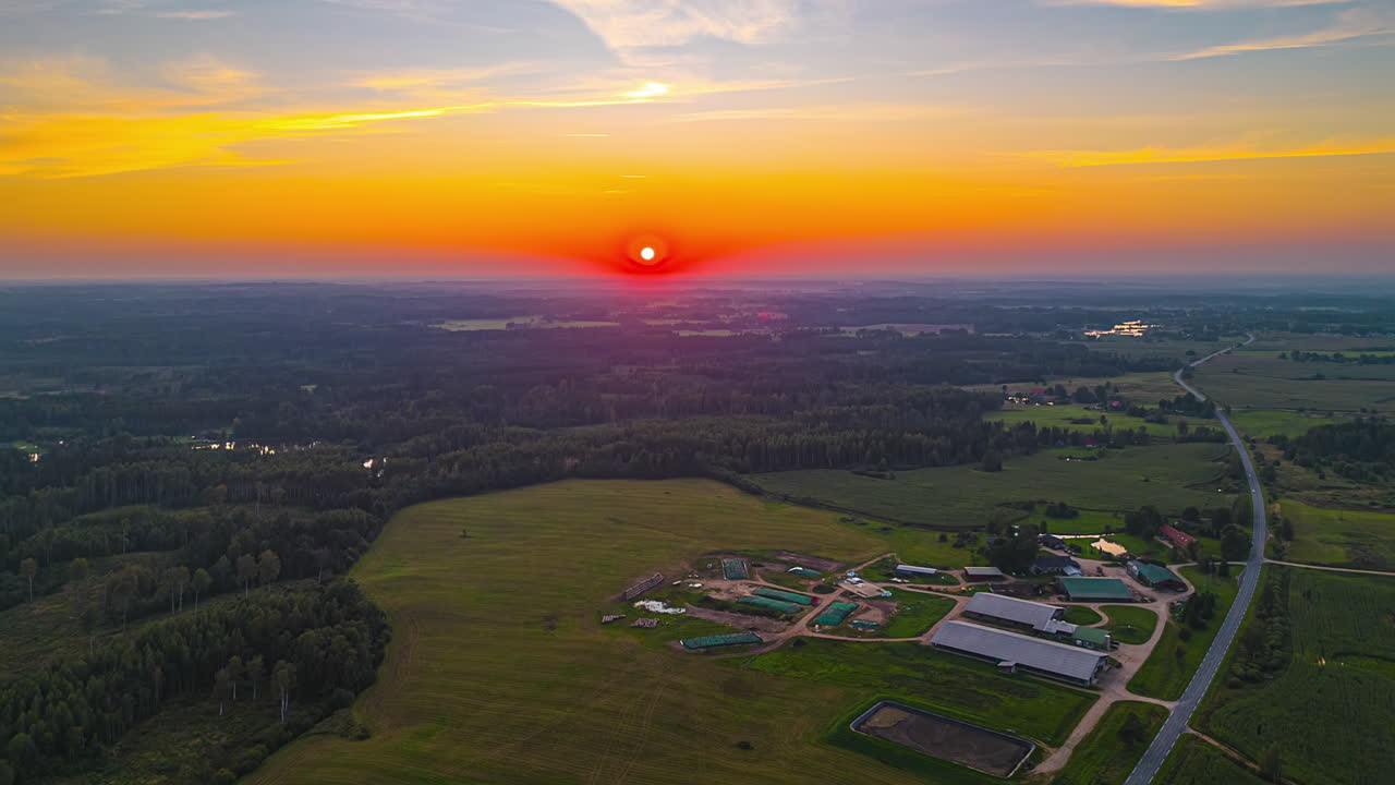 Orange Color Sky Horizon Over Countryside Town During Sunset. Timelapse