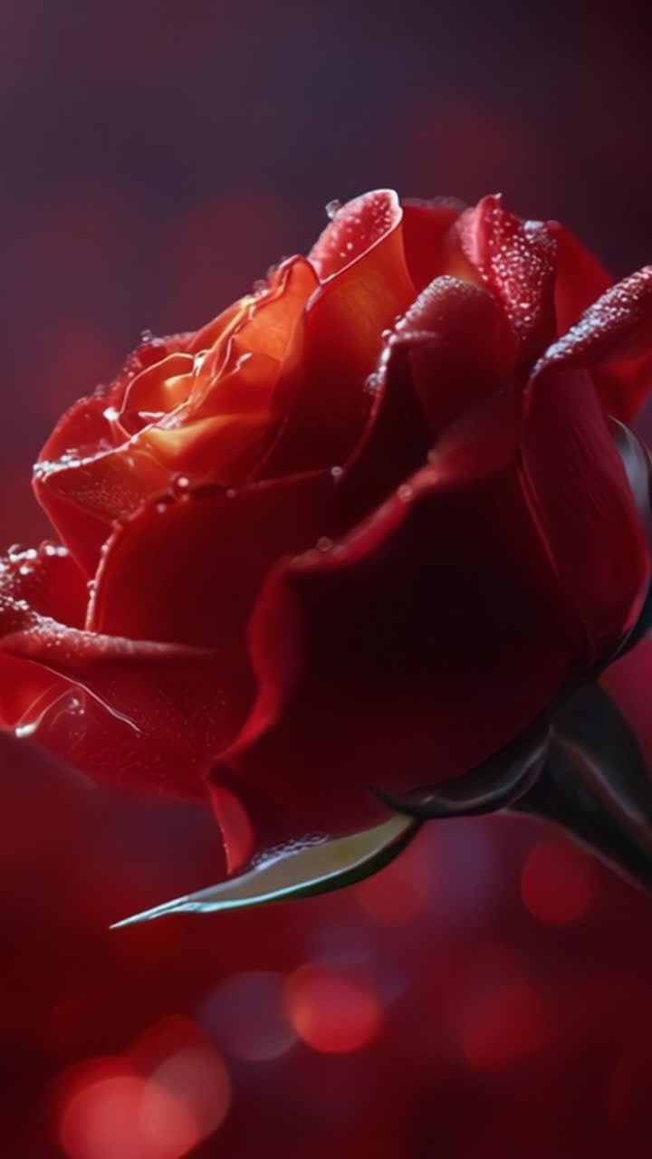 Uno splendido primo piano di una rosa rossa vibrante con gocce di rugiada, su uno sfondo sfocato che evoca passione e bellezza nello splendore floreale della natura.