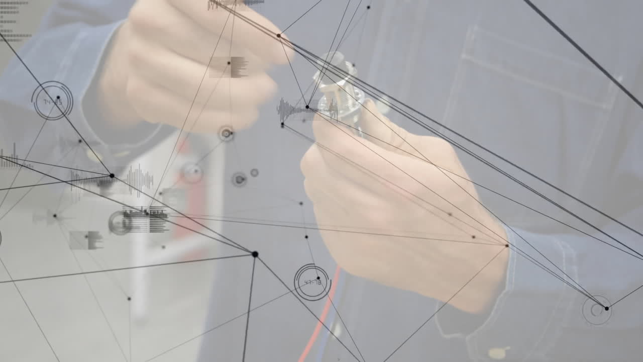Hands working with wires over network connections and data processing animation