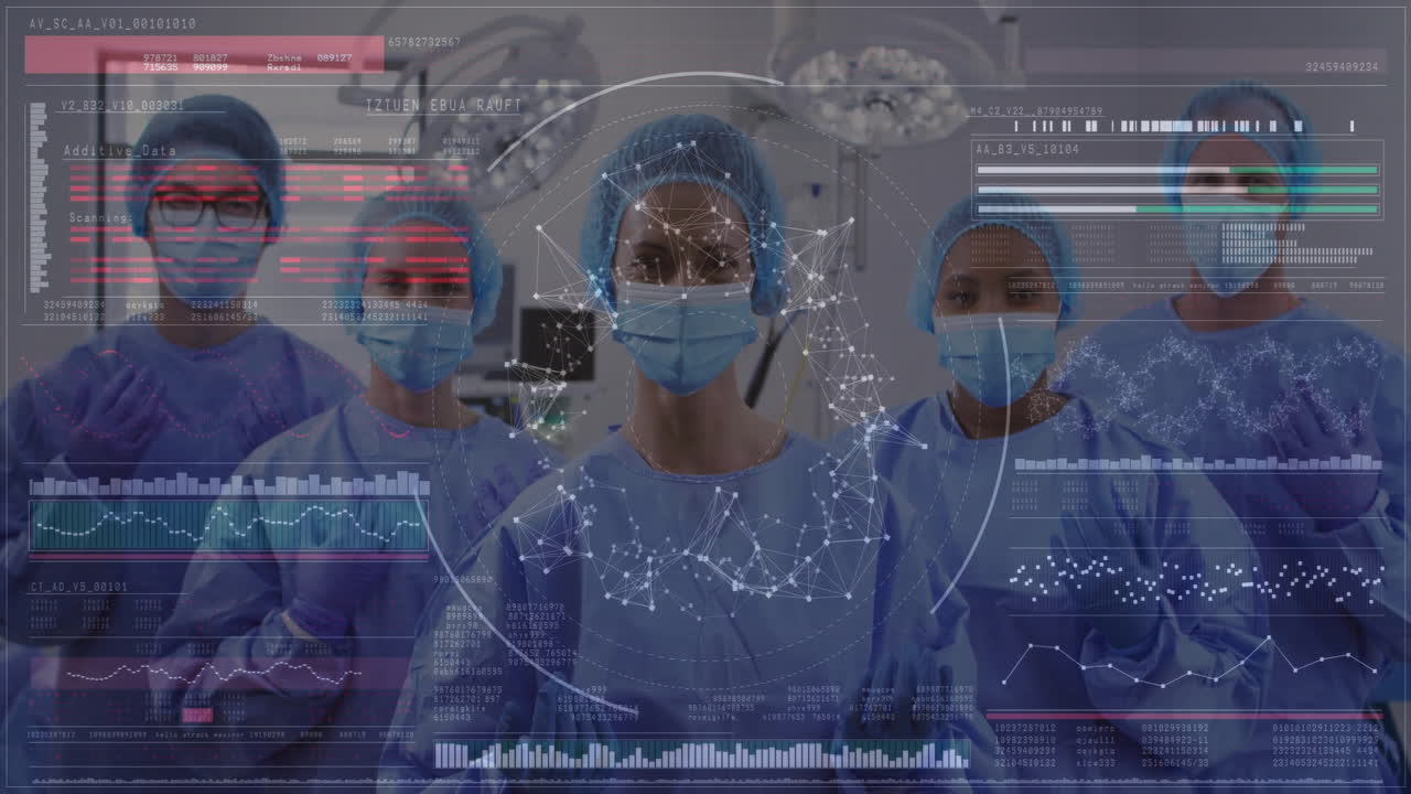 Healthcare professionals in surgical attire with data processing animation overlay