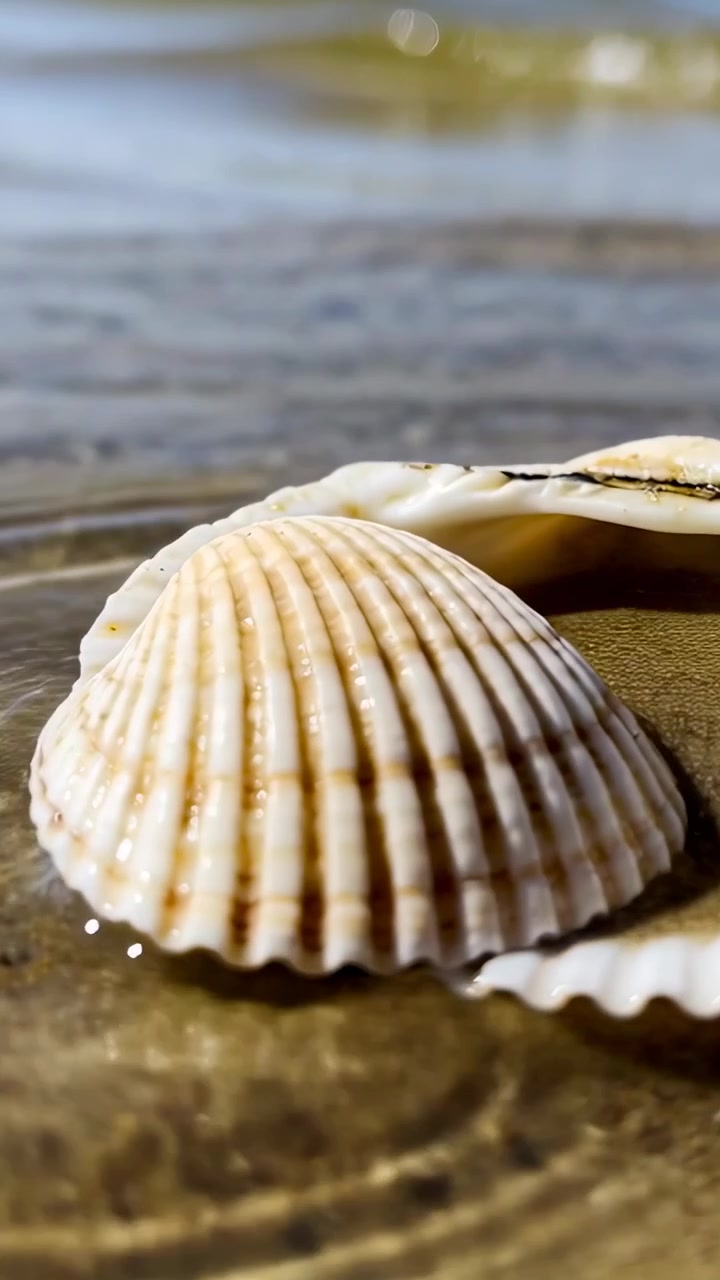 Vertical video: Pulling back camera revealing scallop at waterline with ripples moving, rear shell