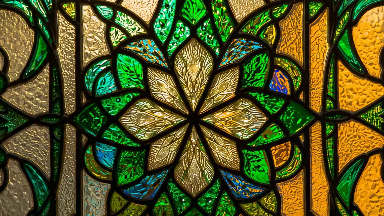Opening shot showcasing stained-glass window segments and lead cames zooming into mandala core