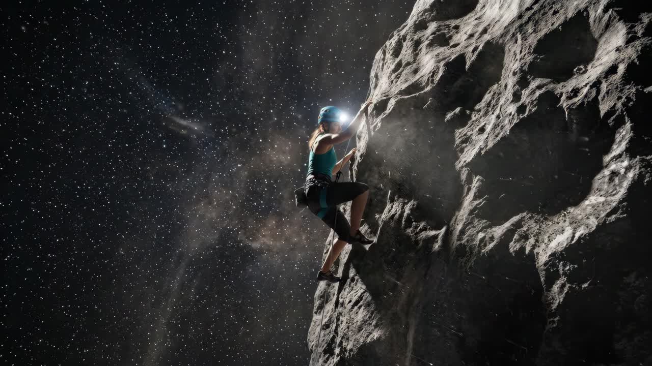 Frau klettert mit Stirnlampe auf felsigem Asteroiden im sternenübersäten Weltraum