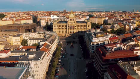 Aerial---Wenceslas-Square-in-Prague,-Czech-Republic,-wide-shot-forward-tilt-up