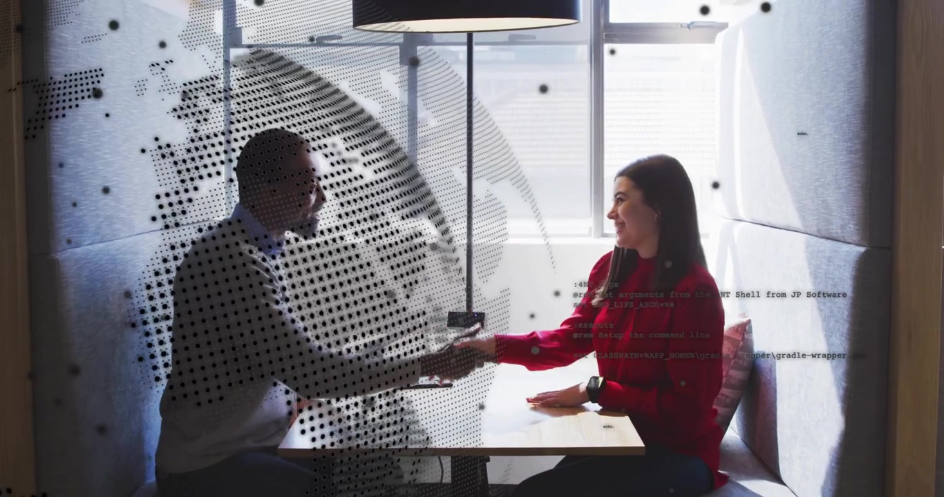 Man placing laptop and popping up finance chart as woman analyzing then sealing deal with handshake