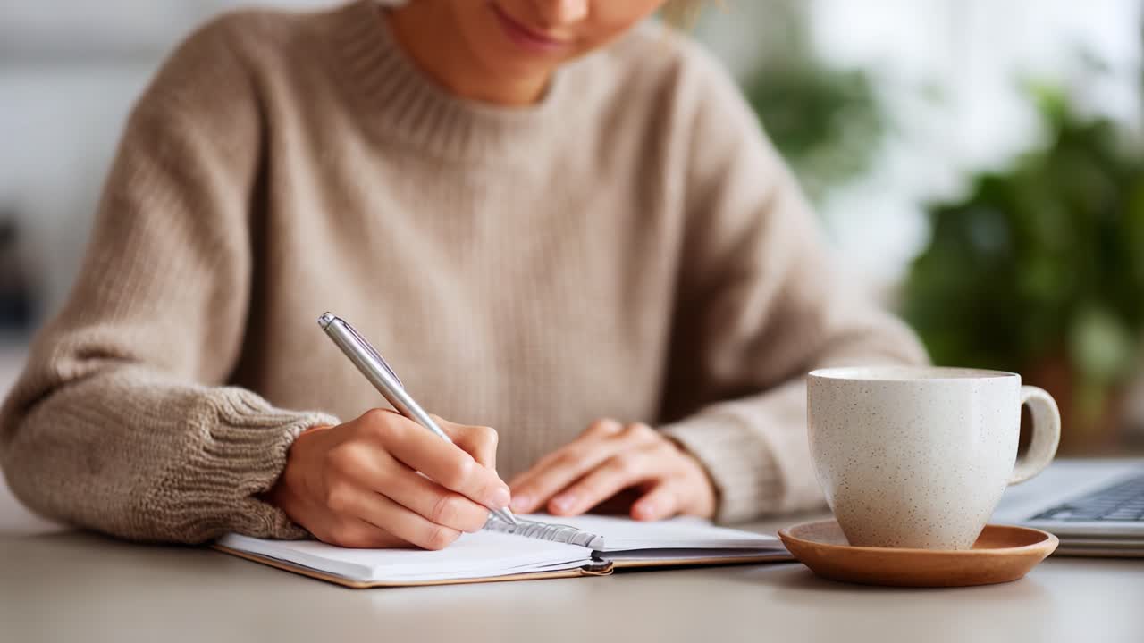 An Individual Engaging in Thoughtful Writing at a Cozy Desk with a Warm Cup, Creating a Peaceful Atmosphere Ideal for Productivity and Reflection