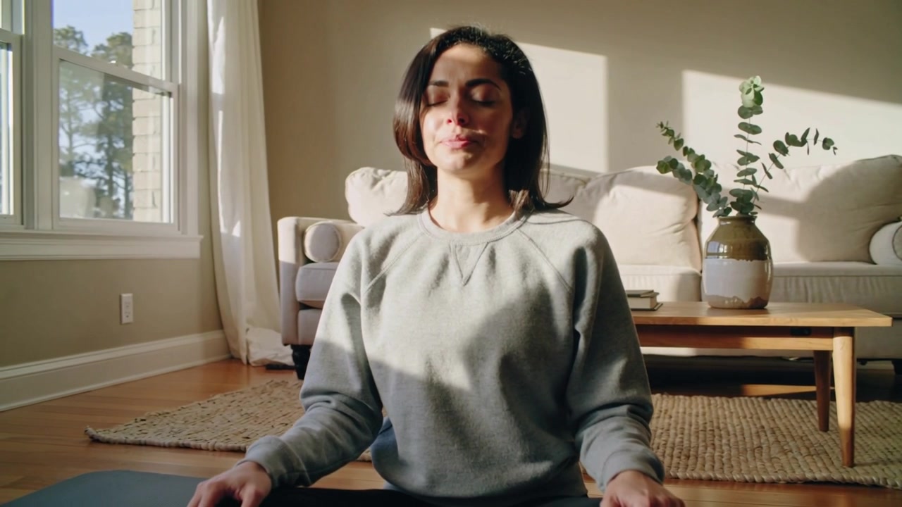 Donna in abbigliamento sportivo che inspira, girandosi verso la finestra su un tappetino da yoga a casa per la meditazione, con un divano.