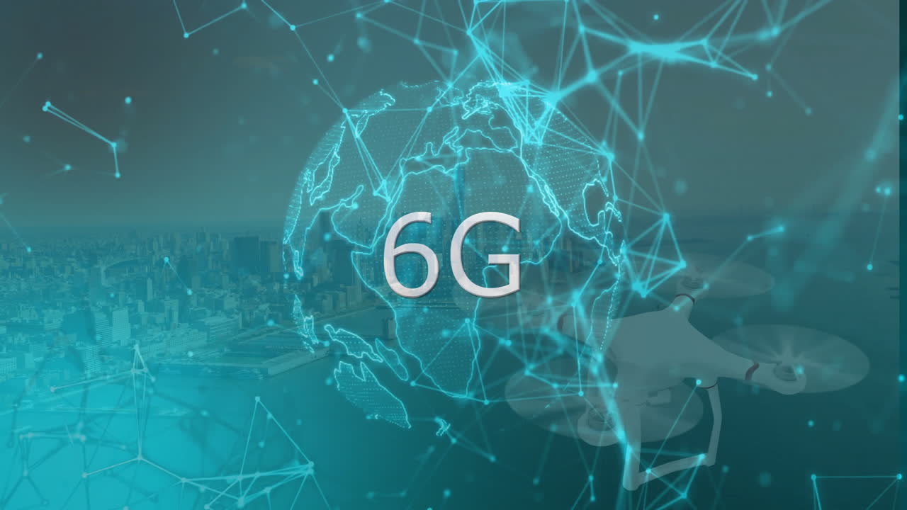 Animation of network of connections over globe with 6g text
