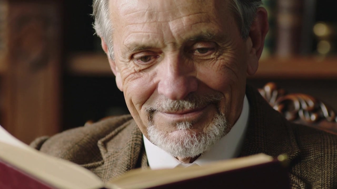Uomo anziano sorridente, con giacca di tweed, che legge un libro aperto guardando in basso, seduto su una poltrona intagliata vicino a degli scaffali.