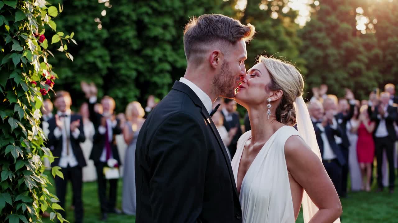 Scena romantica di un video di matrimonio con un'inquadratura ravvicinata di una coppia che si abbraccia, circondata dagli invitati