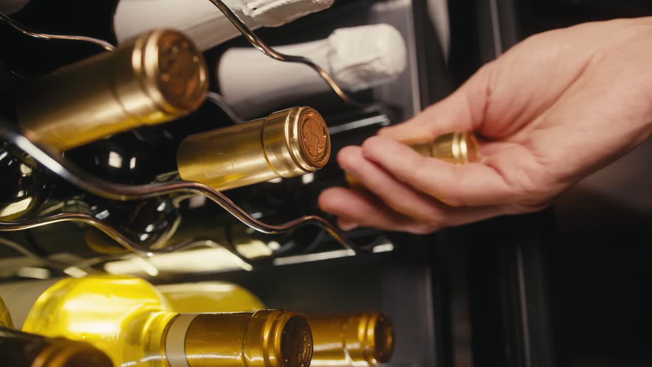 Persona che prende una bottiglia da una cantinetta frigo