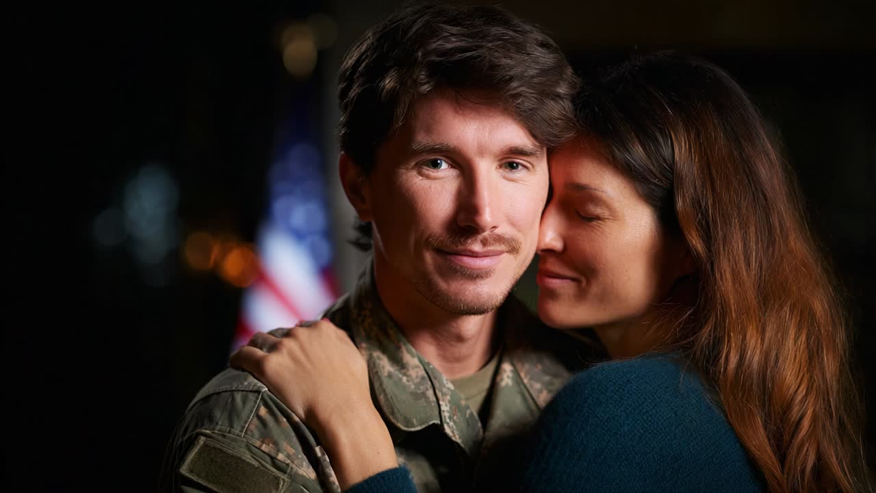A Tender Moment Between a Soldier and His Partner: Capturing the Emotional Reunion in Soft Lighting and Intimate Embrace, Highlighting Love, Commitment, and the Bonds that Endure Through Time and Distance