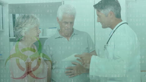 binary coding over scientist talking with senior patients in the background. covid-19 spreading