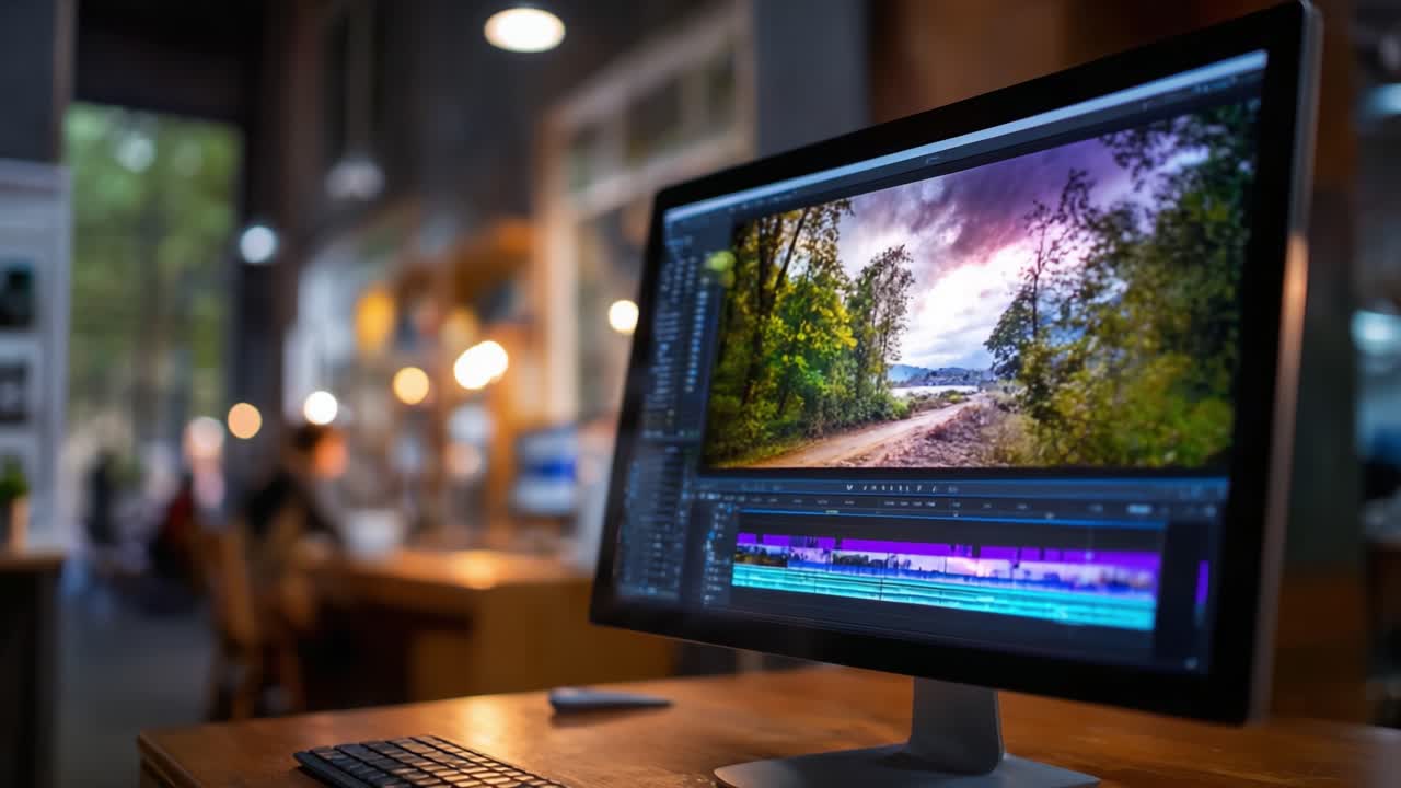 Un’area di lavoro creativa con uno schermo di computer che mostra un’immagine di un paesaggio vivace e una timeline di editing colorata in un ambiente ufficio moderno e con illuminazione soffusa