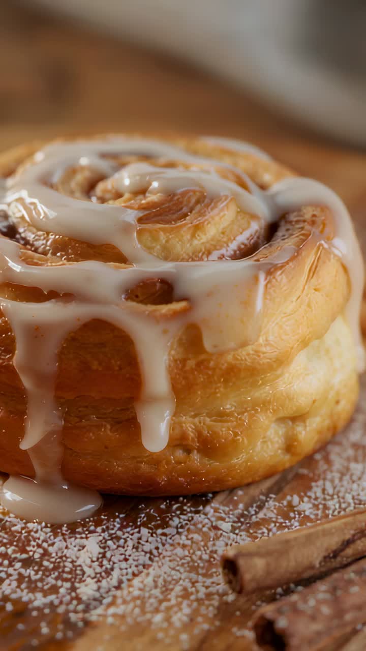 Vertical video: Dripping cinnamon roll shedding glaze on board after icing, with cinnamon sticks