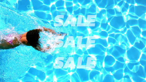 in pool, swimmer surrounded by animation of repeated sale text over water