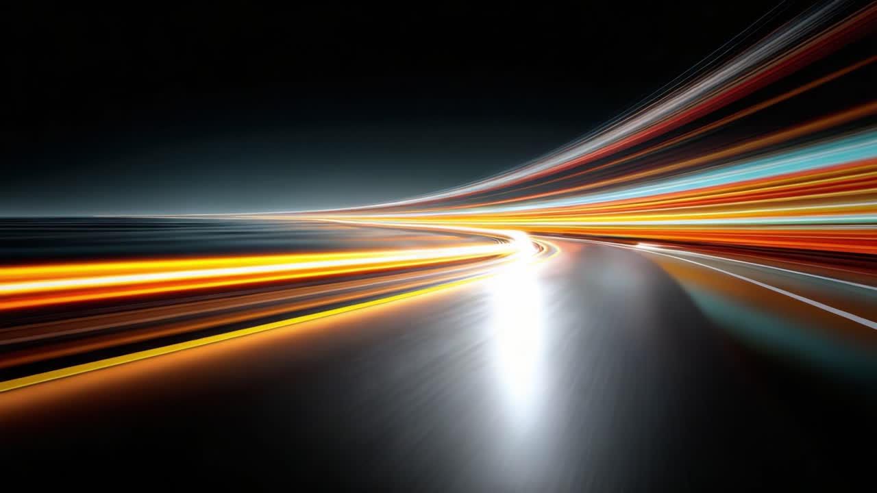 A Dynamic Visual of Light Trails Creating an Ethereal Stream of Color on a Dark Highway, Capturing Motion and Speed in an Abstract Representation