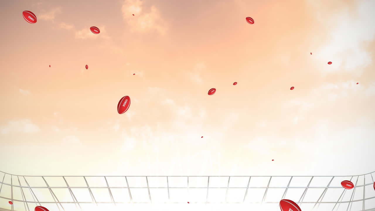 Animation of red rugby balls with tonga text at stadium